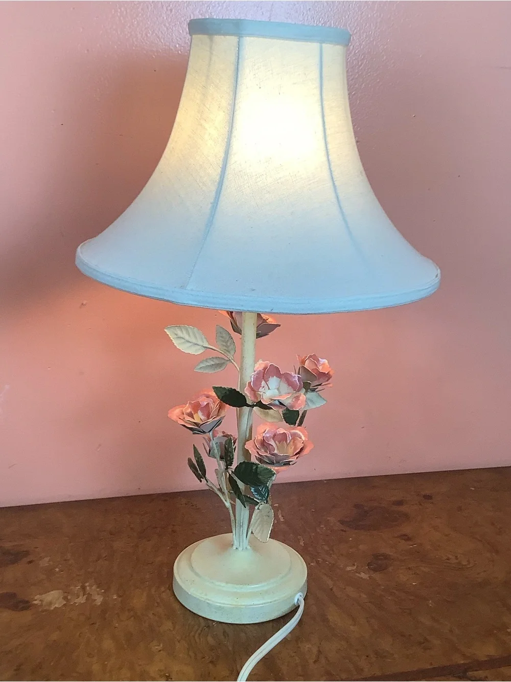 Vintage 2YK Cottage-Style Lamp 20” Metal Pink Roses With Fabric  Bell Shade